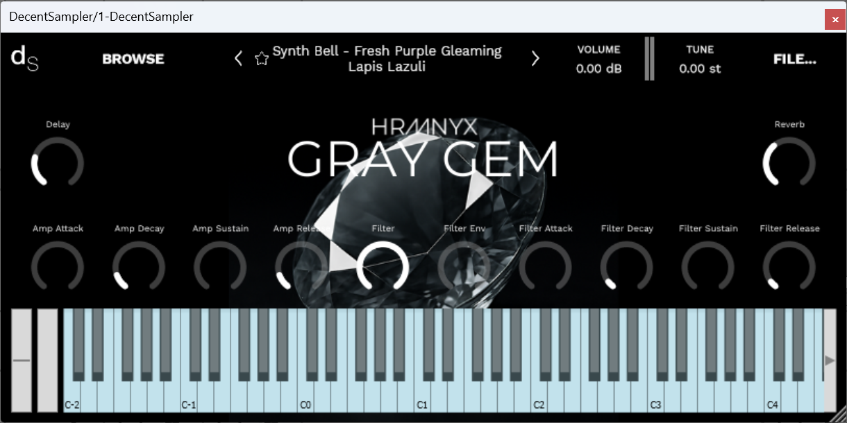 A screenshot of the Gray Gem Sample Library instrument interface in Decent Sampler.